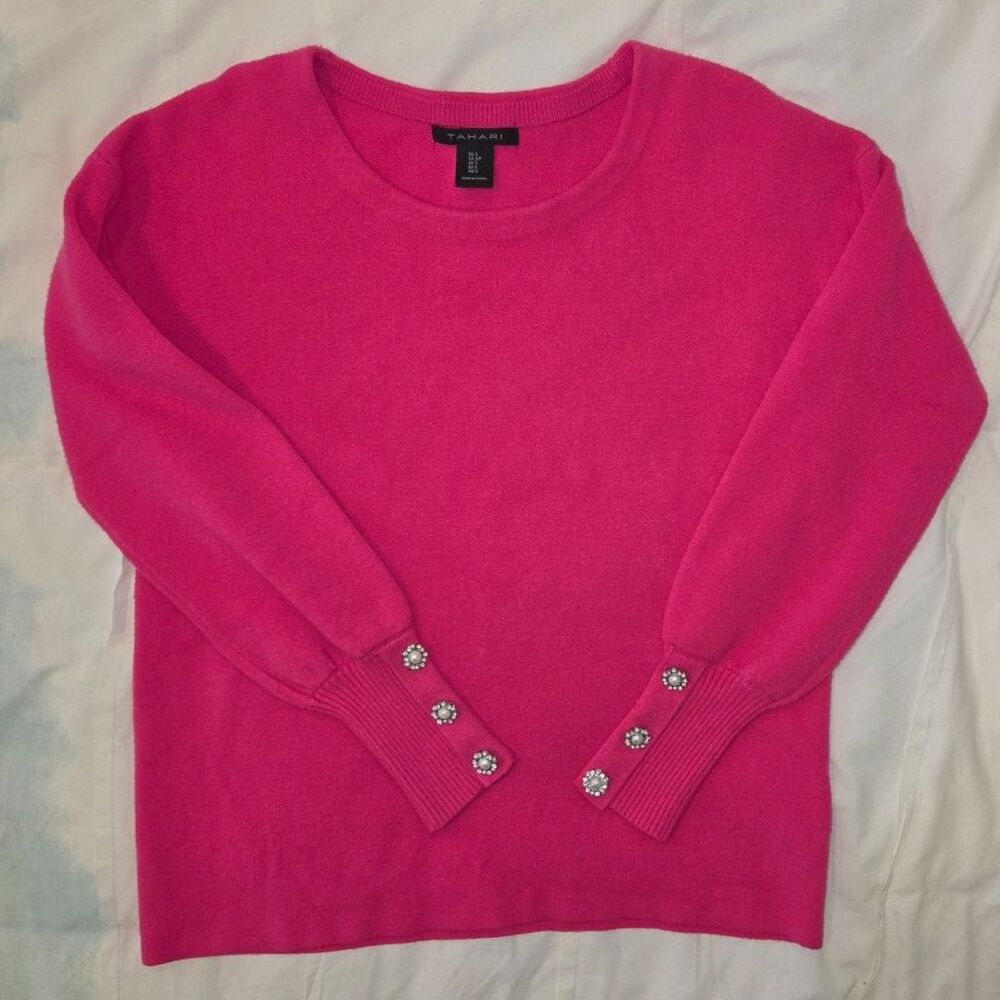 Tahari Bright Pink Fuschia Sleeve Crew Neck Sweater Embellished Jewel Cuff Small